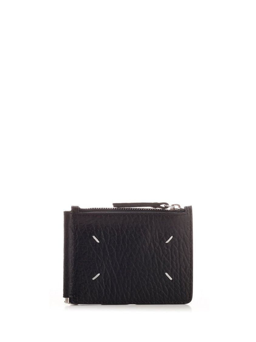 Rectangular Black Calf Leather Wallet With Distinctive Stitching