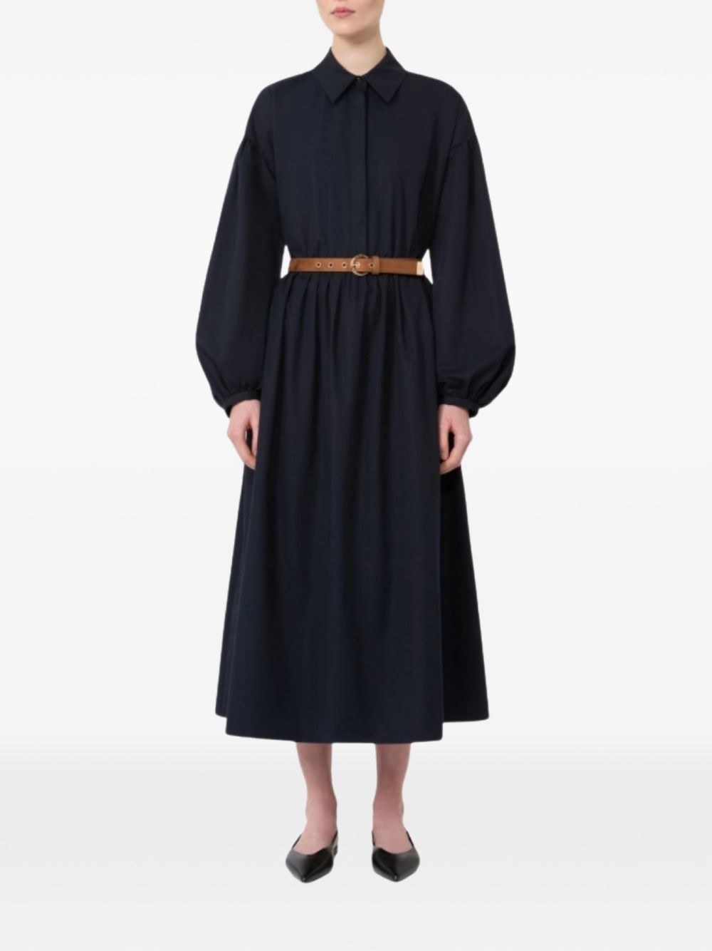 Calf-Length Blue Midi Dress with Balloon Sleeves