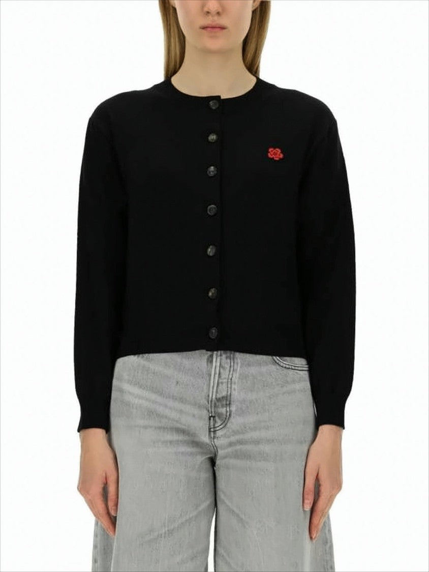 Classic Black Wool Cardigan With Round Neckline And Button Front