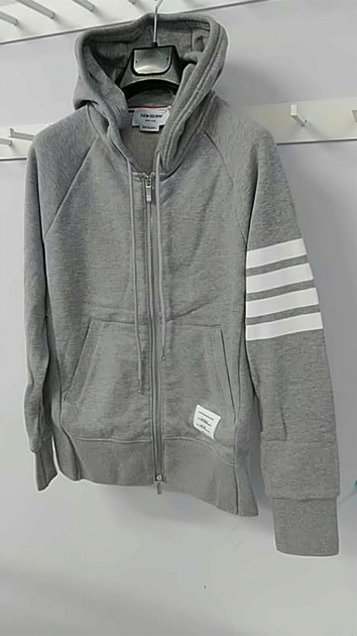 Grey Zip-Up Hoodie With Sporty Stripes