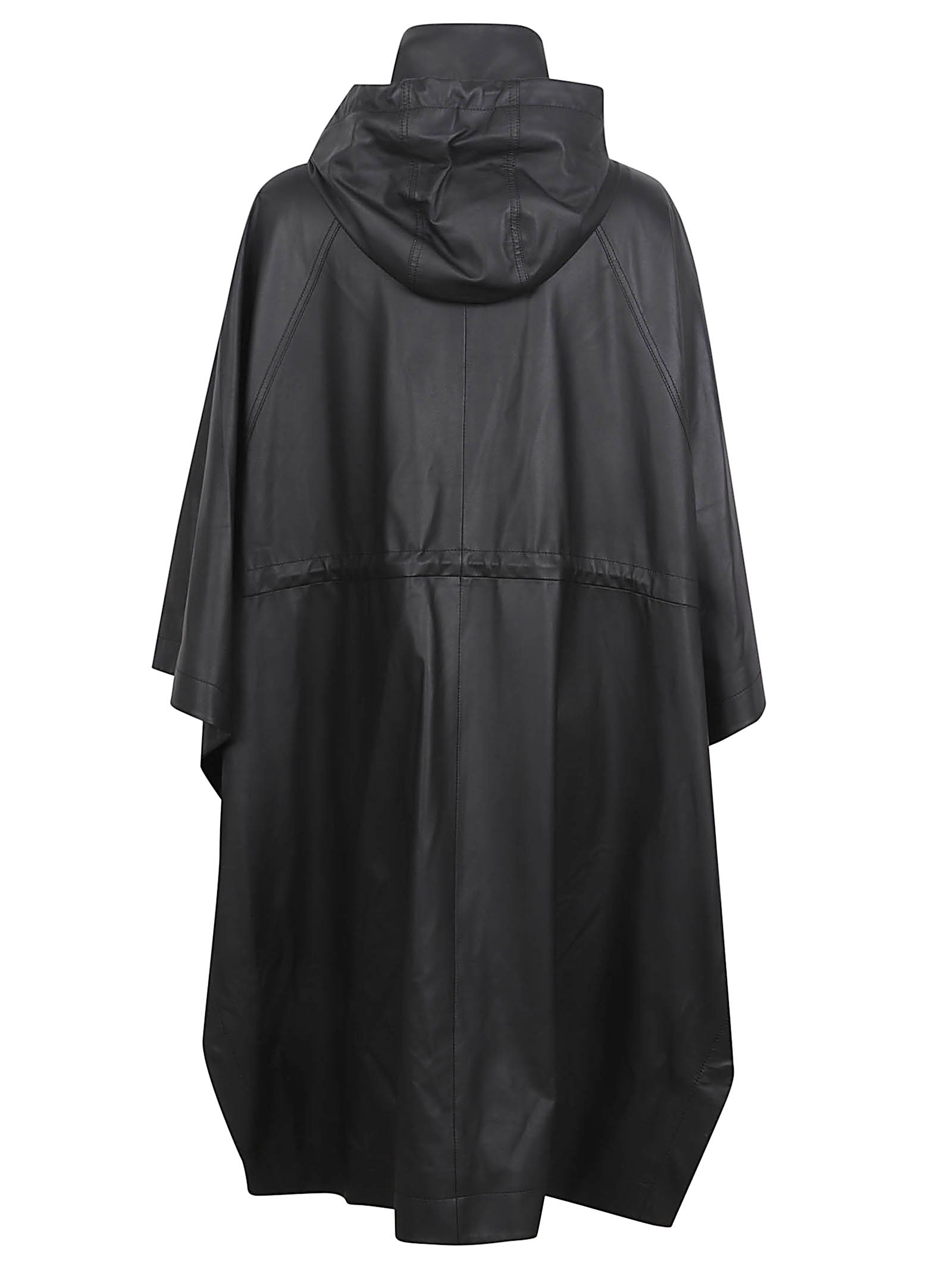 Black Lamb Leather Jacket with Adjustable Hood and Flowing Sleeves