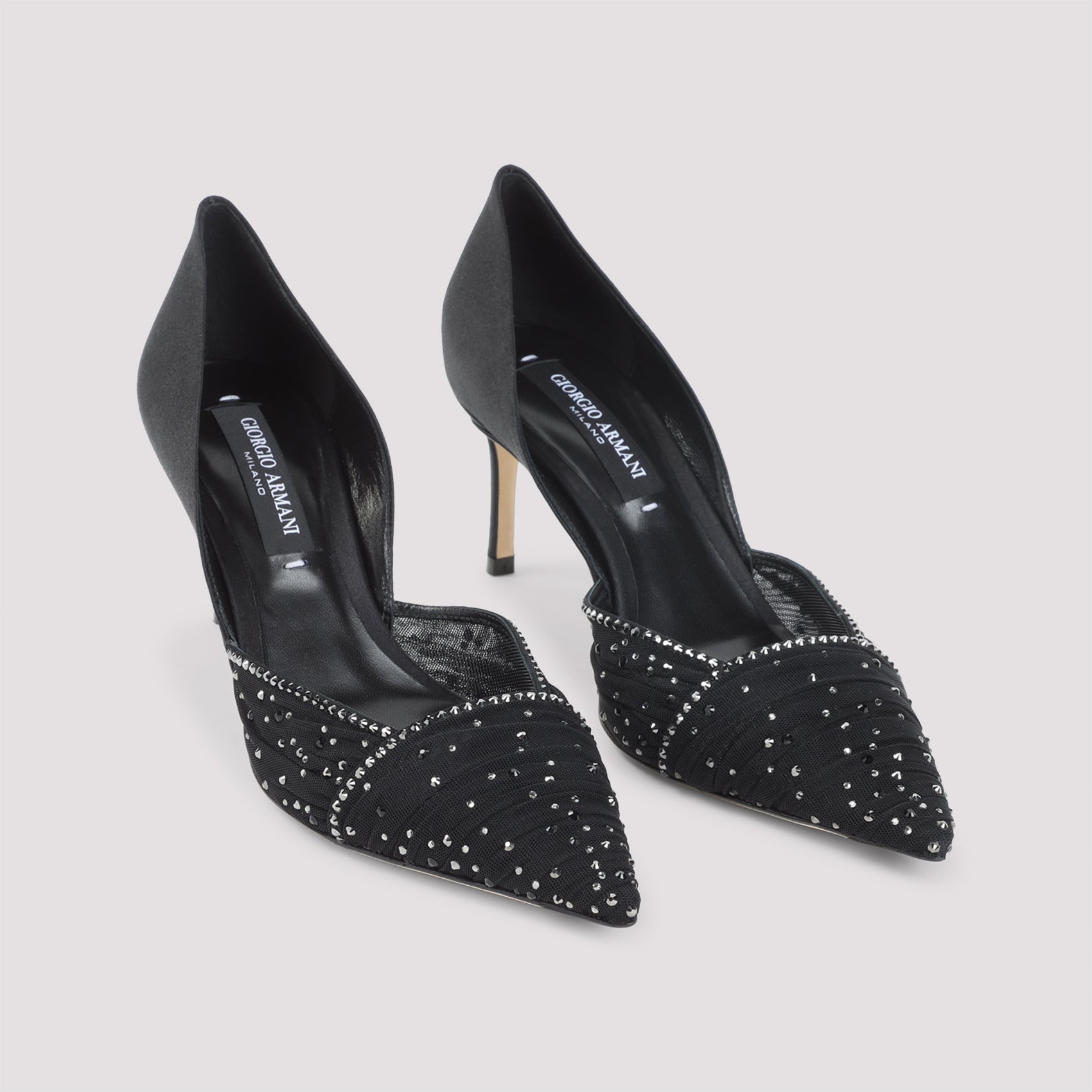 Pointed-Toe Black Pumps With Pleated Design And Sparkling Embellishments