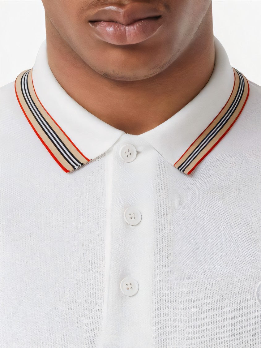 Classic White Polo Shirt with Multicolored Stripe Collar