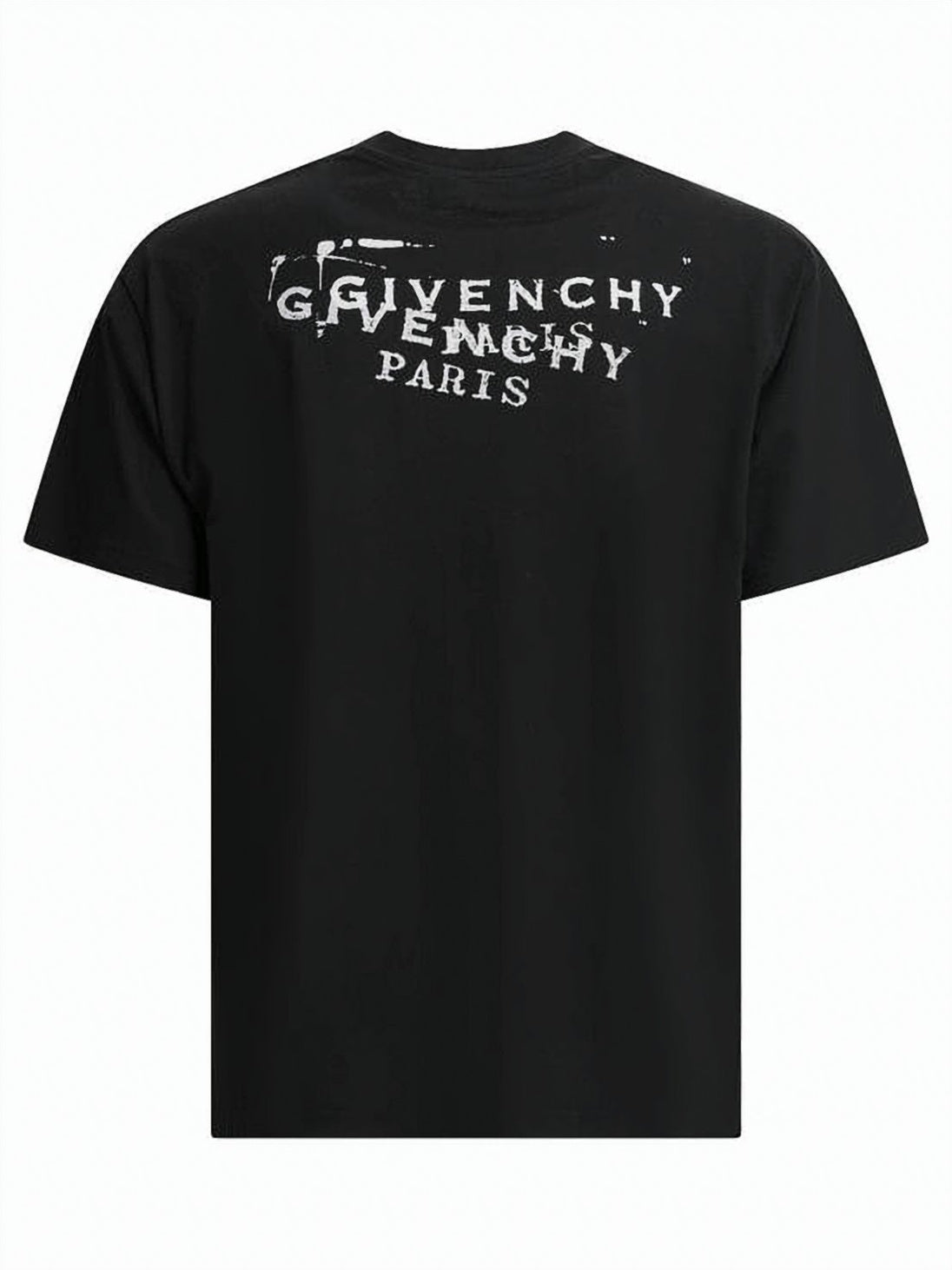 Short-Sleeve Black Cotton T-Shirt with Distressed Logo Prints