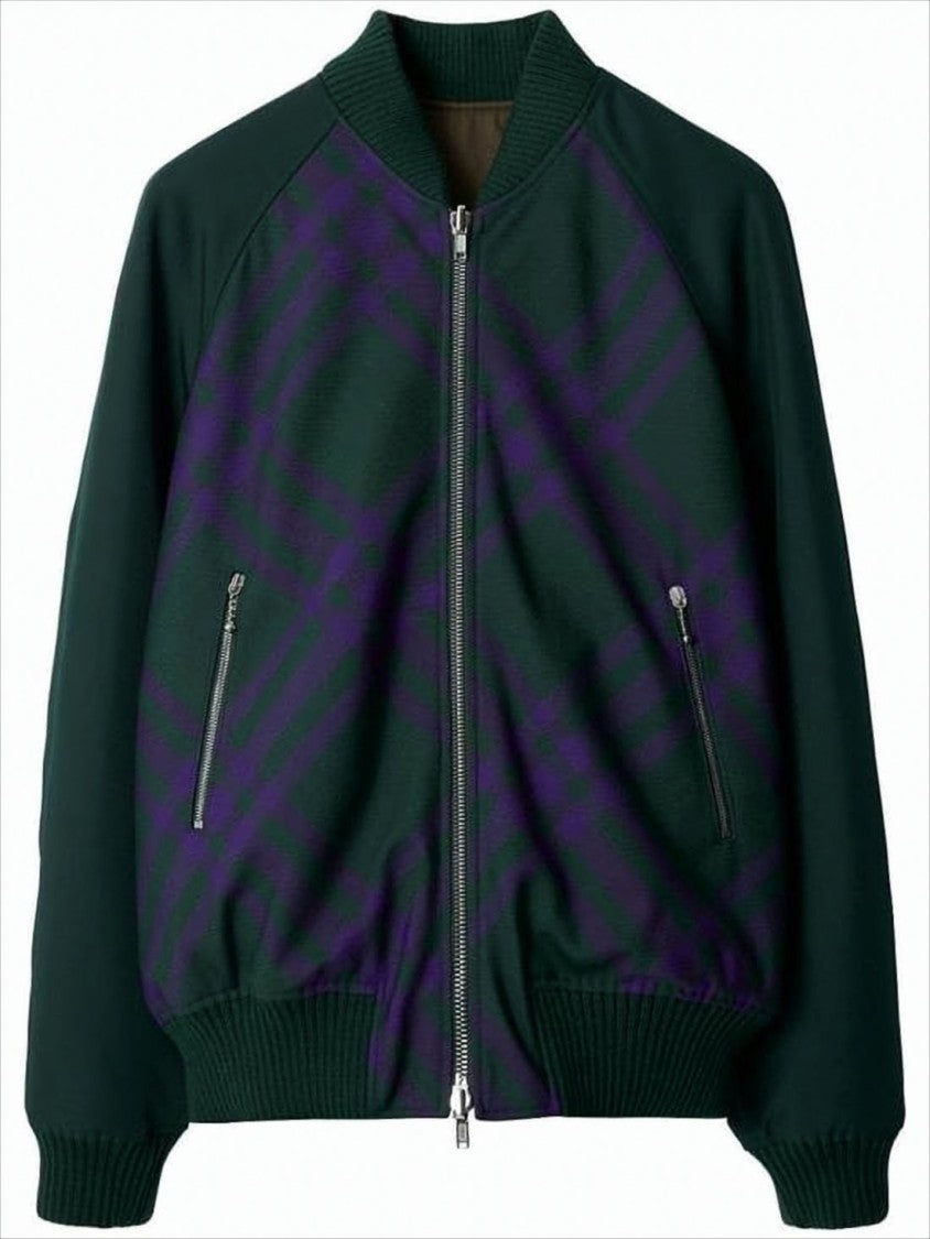 Dark Check Bomber Jacket with Structured Silhouette