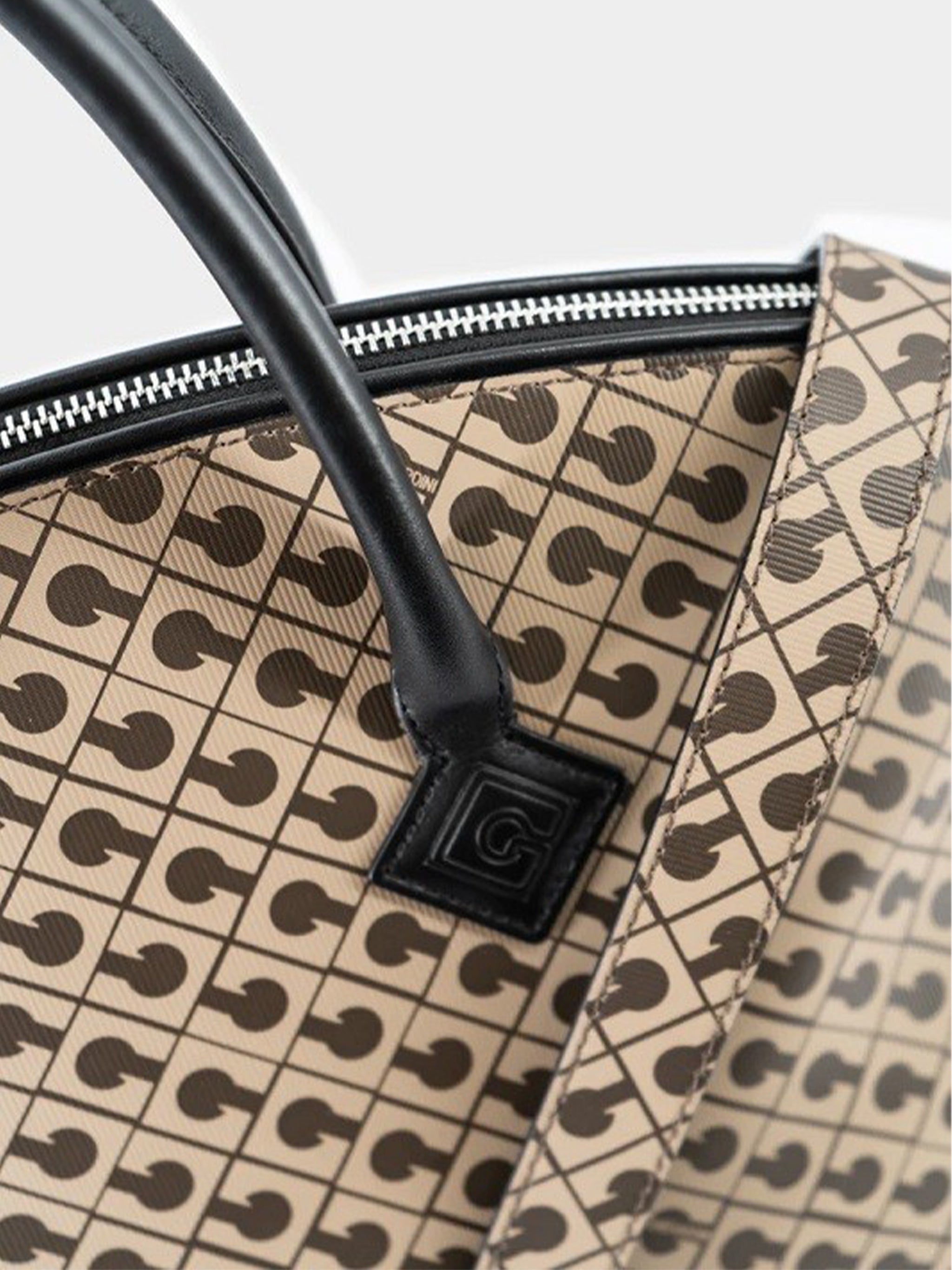 Large Brown Geometric Pattern Bowling Handbag