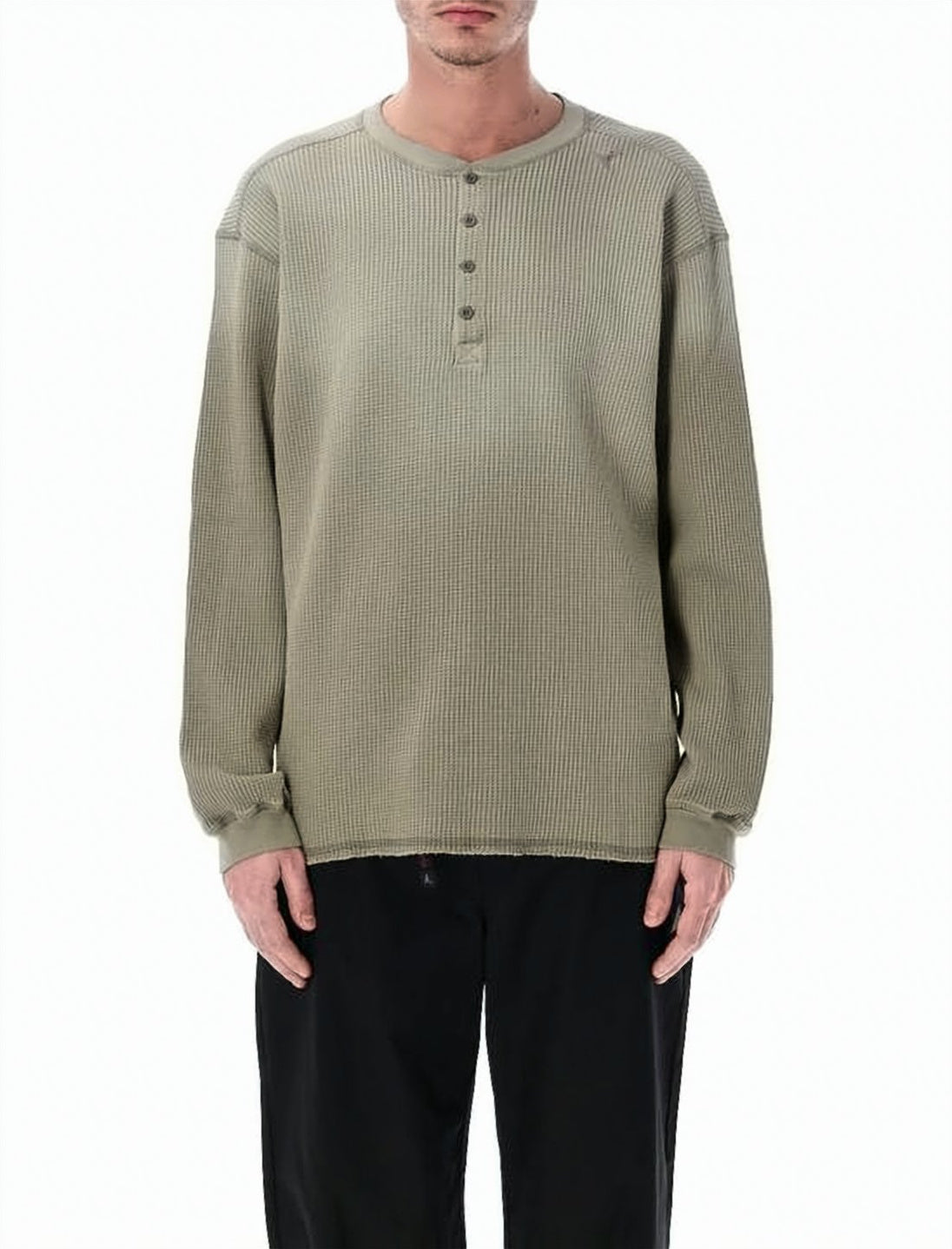Long-Sleeve Waffle Knit Top with Buttoned Placket