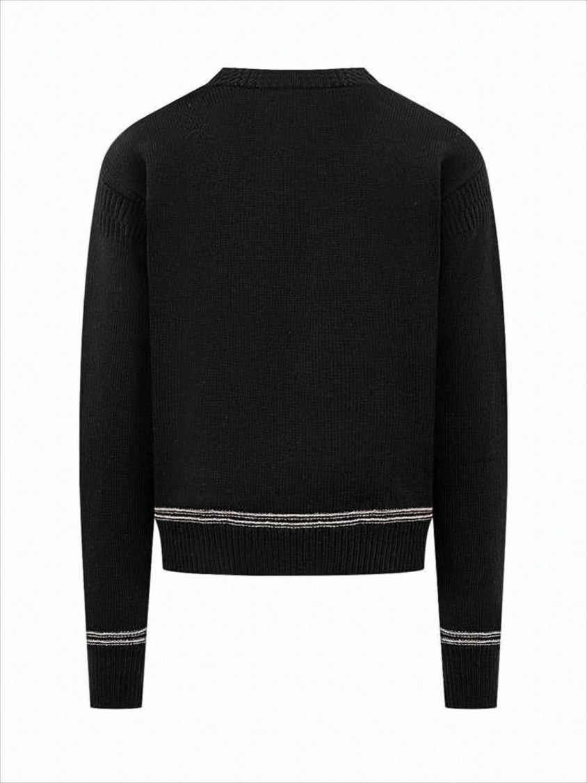 Crew Neck Sweater with Bold Logo and Contrasting Stripes