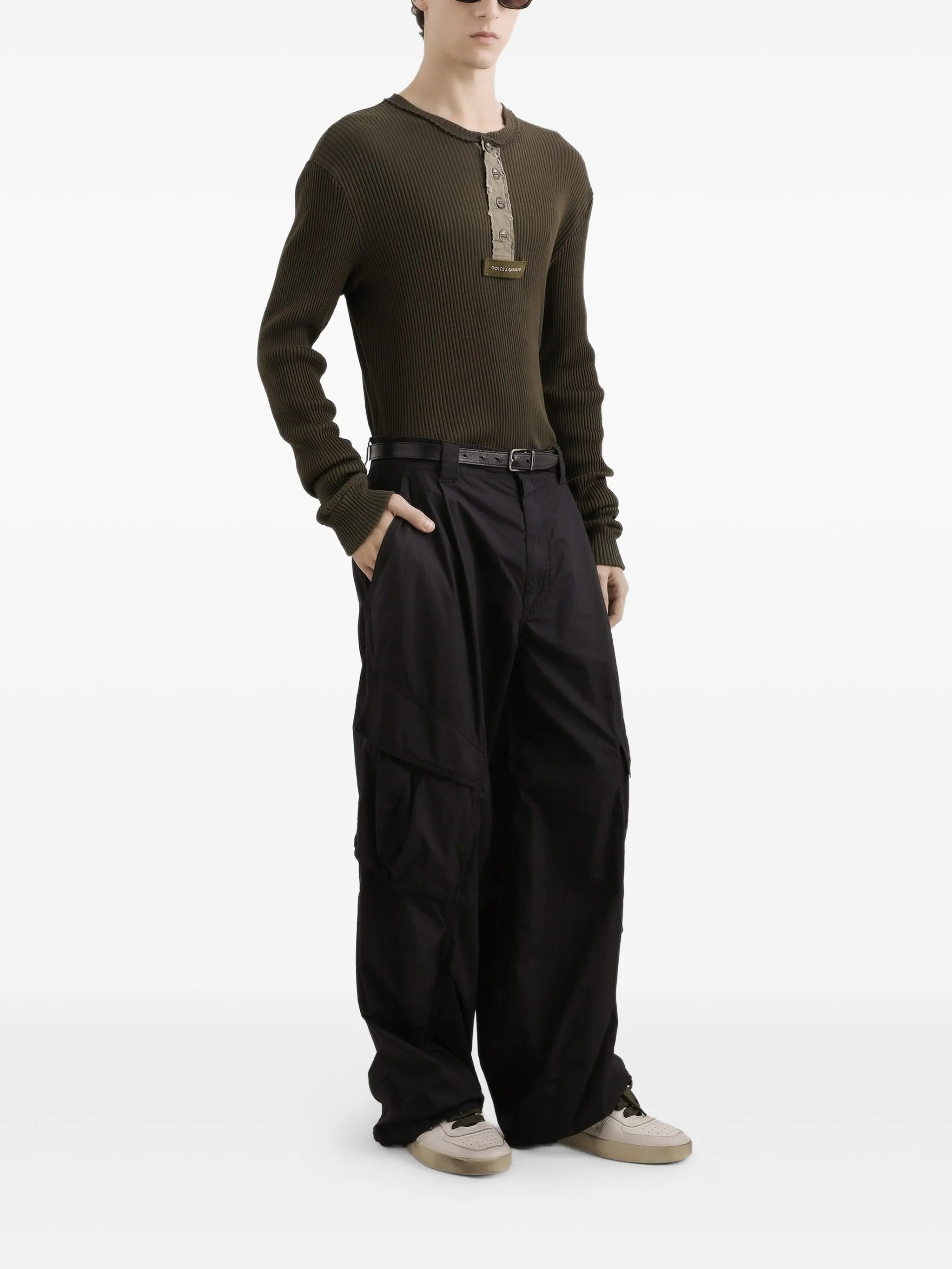 Wide-Leg Cotton Cargo Drawstring Waist Pants