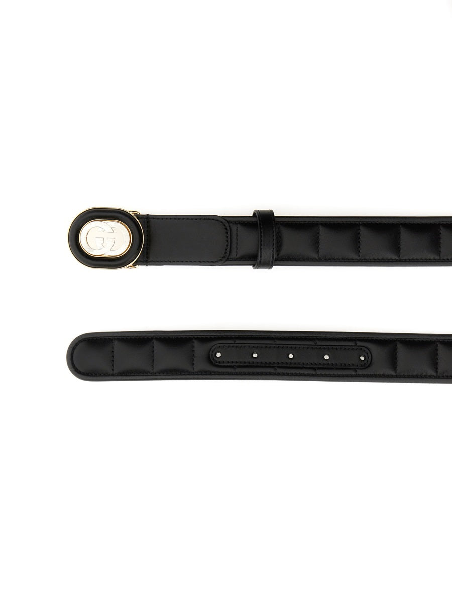 Black Quilted Leather Belt with Gold Cross Buckle