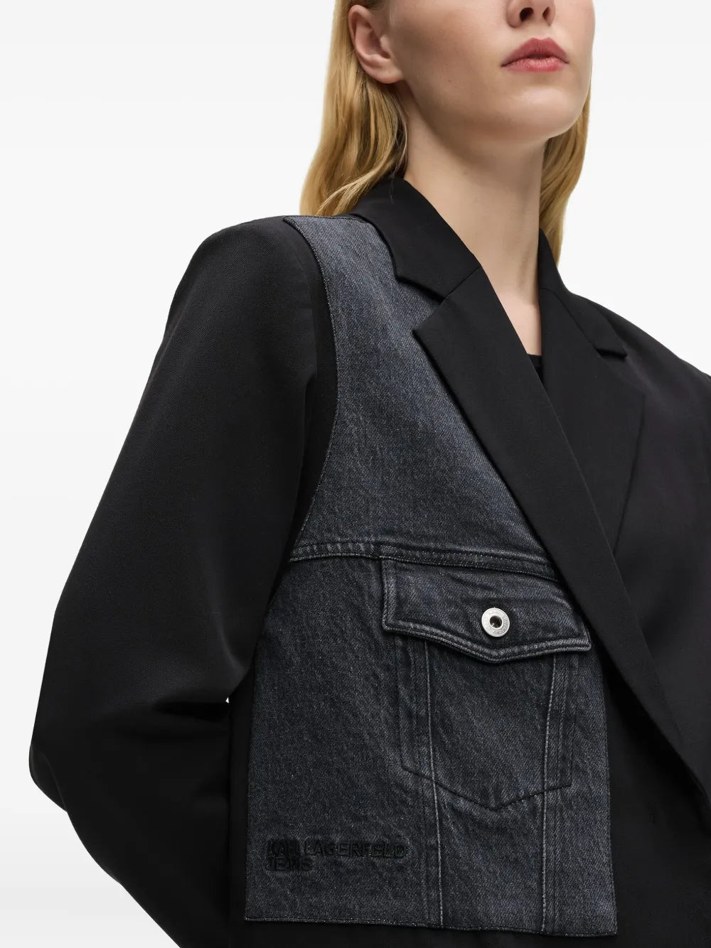 Tailored Black Blazer with Contrasting Denim Patch Detail