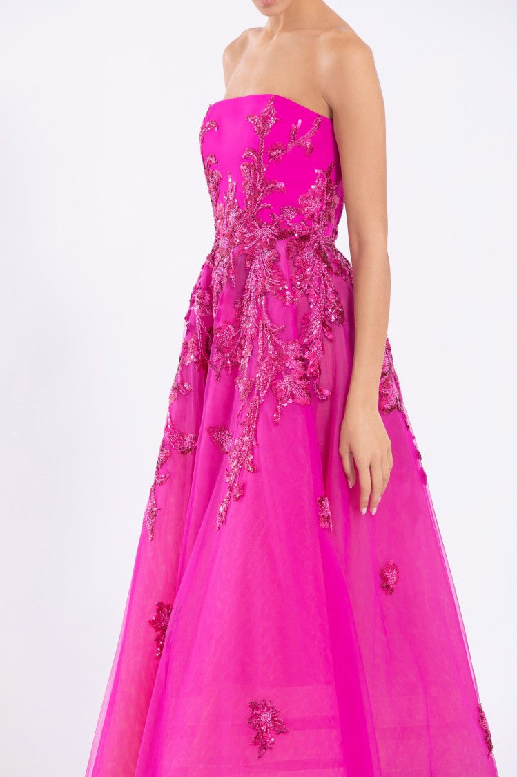 Tulle Beaded Dress With A Crepe Strapless Top