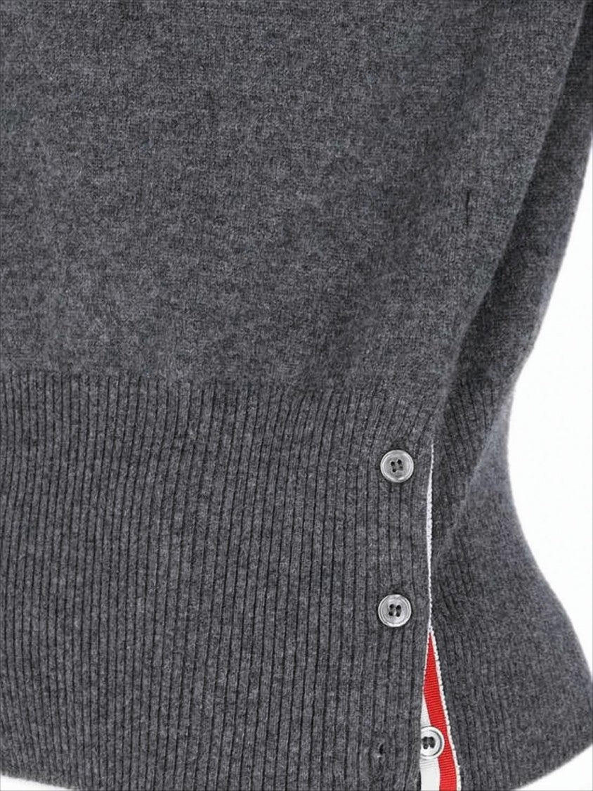 Crew Neck Cashmere Sweater with Contrasting Stripes and Side Buttons