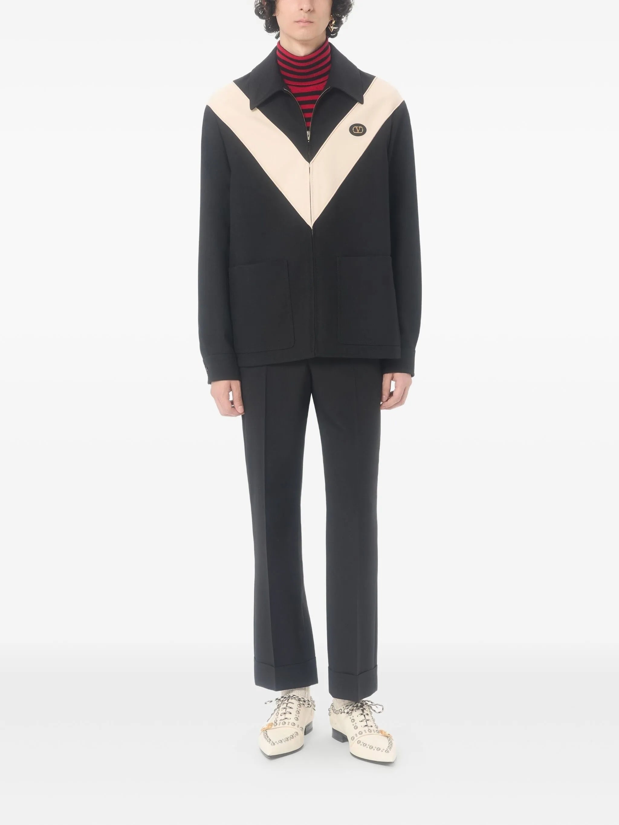 Black V-Shaped Contrast Panel Zip Jacket