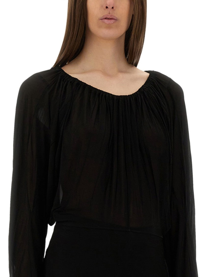 Flowing Black Draped Top With Wide Neckline