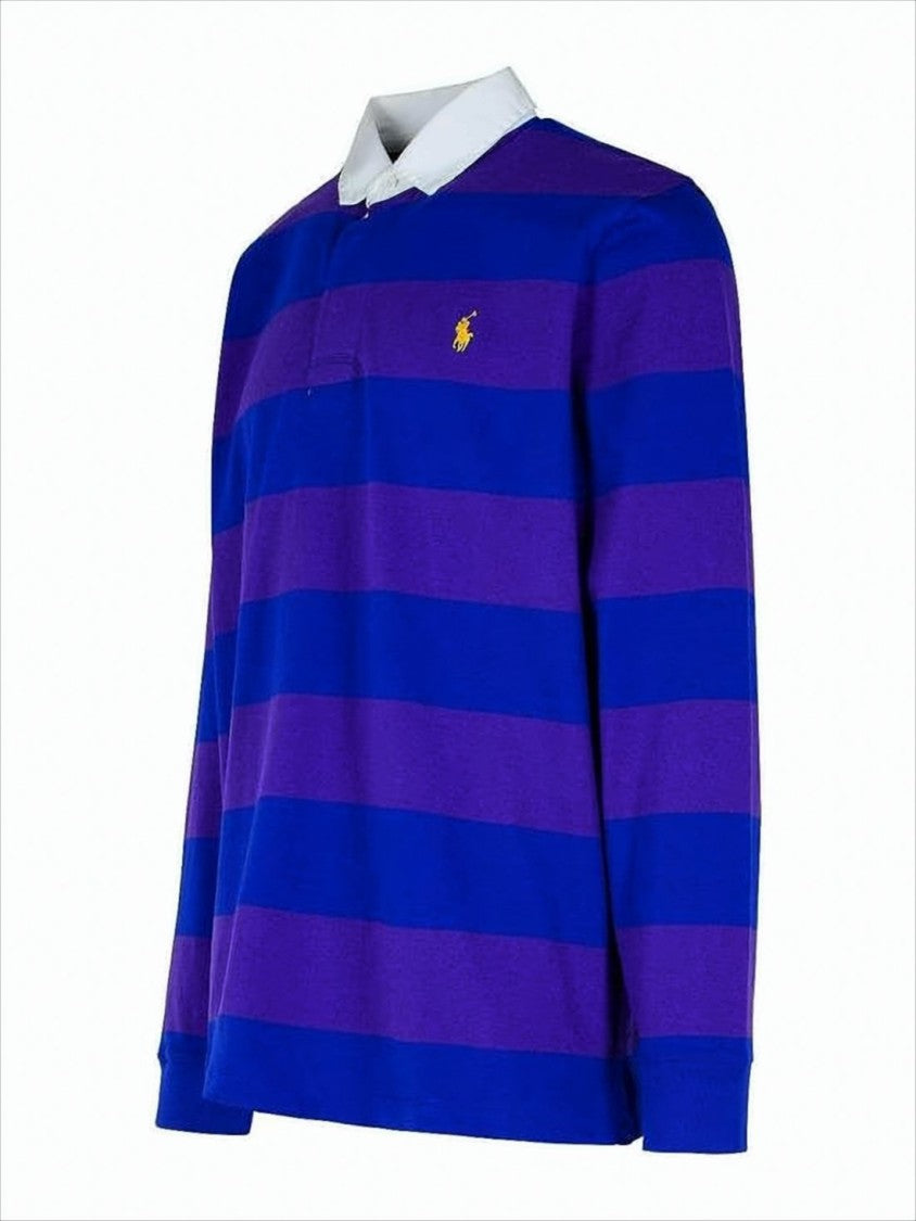 Long-Sleeve Polo Shirt with Horizontal Stripes and Classic Collar