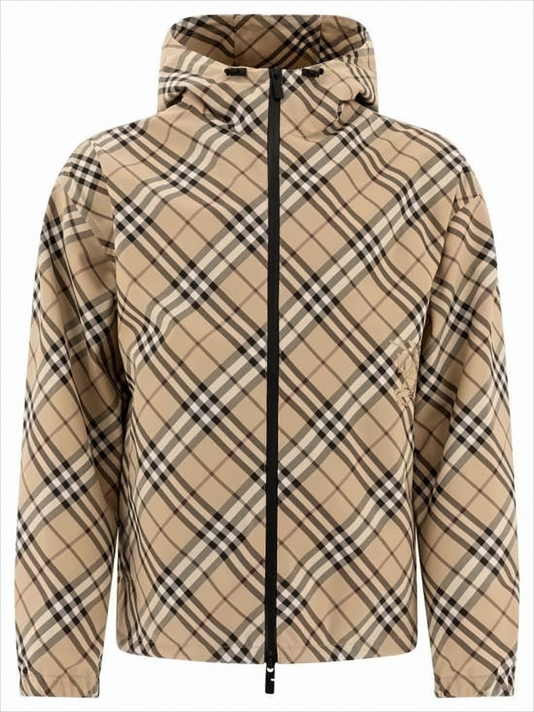 Beige Checkered Padded Jacket with Hood