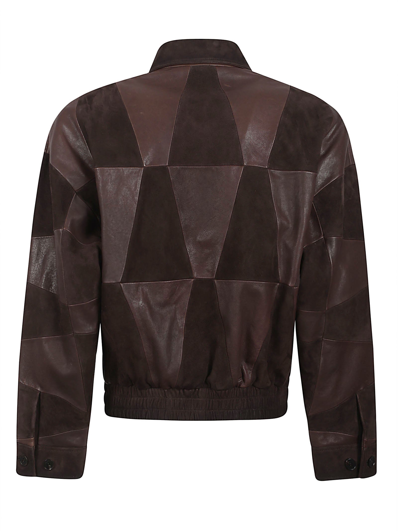 Patchwork Leather Coat with Classic Collar and Zipper Closure