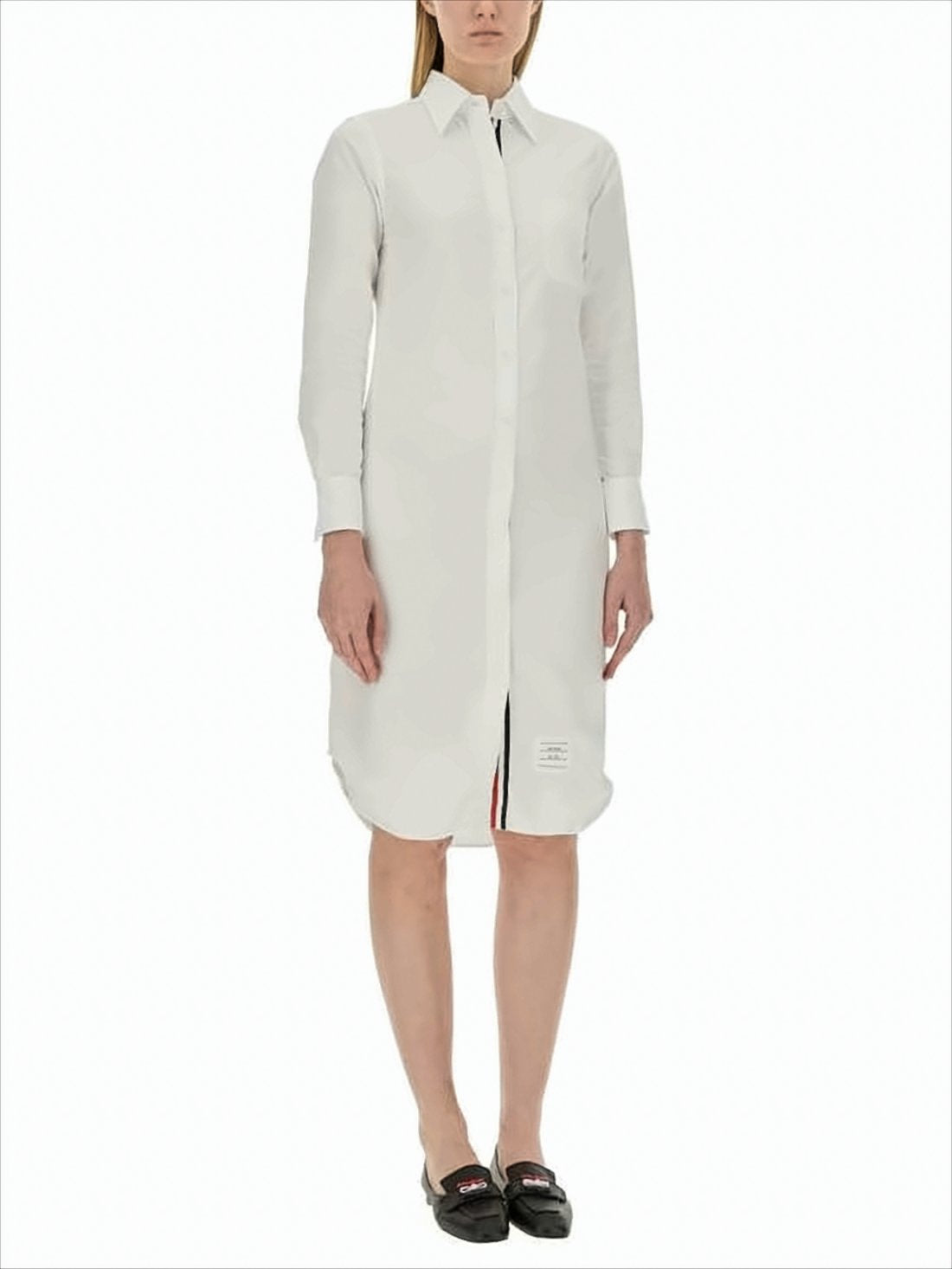 Shirt Silhouette Midi Dress with Curved Hem and Logo Detail