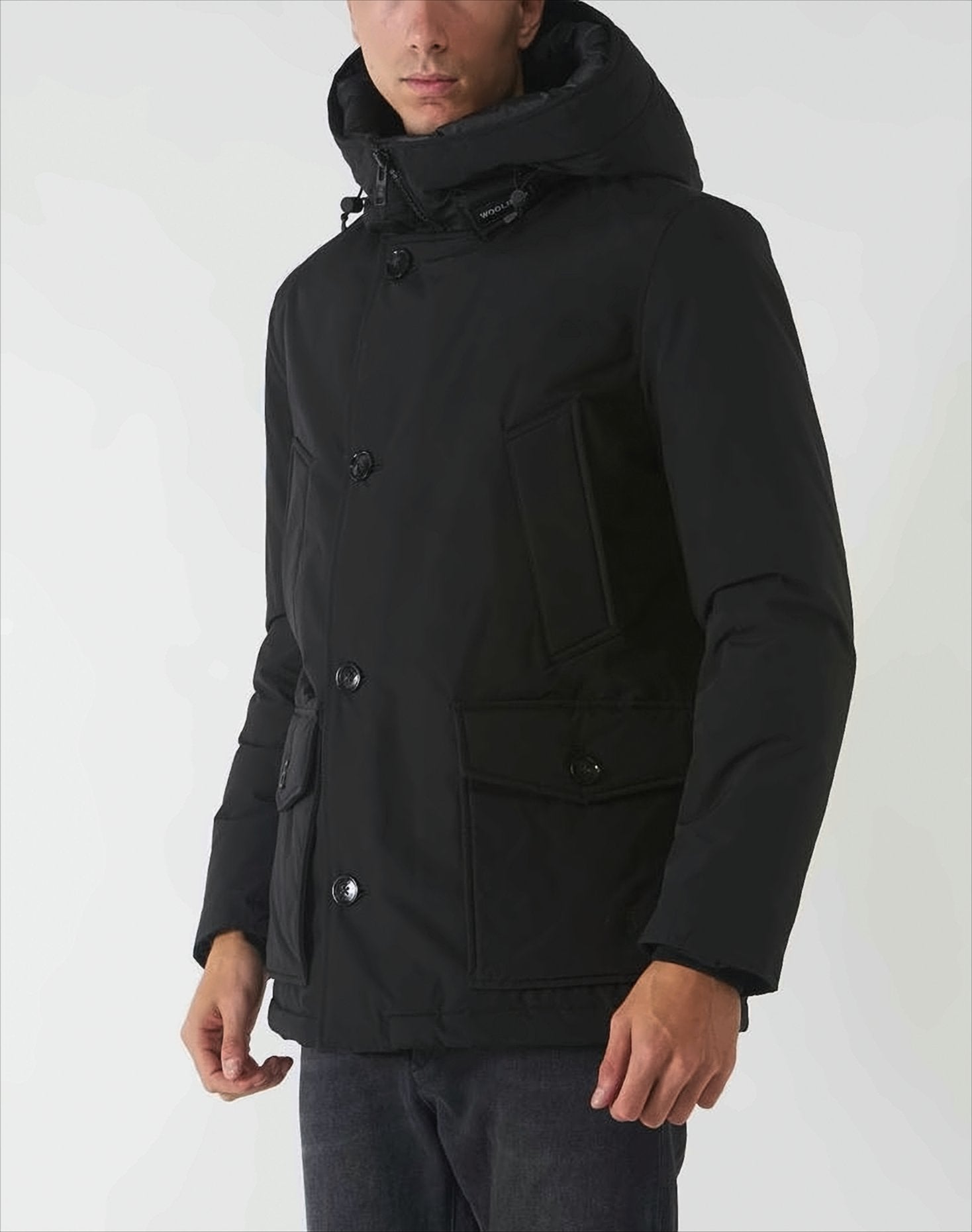 Padded Black Anorak With Drawstring Hood