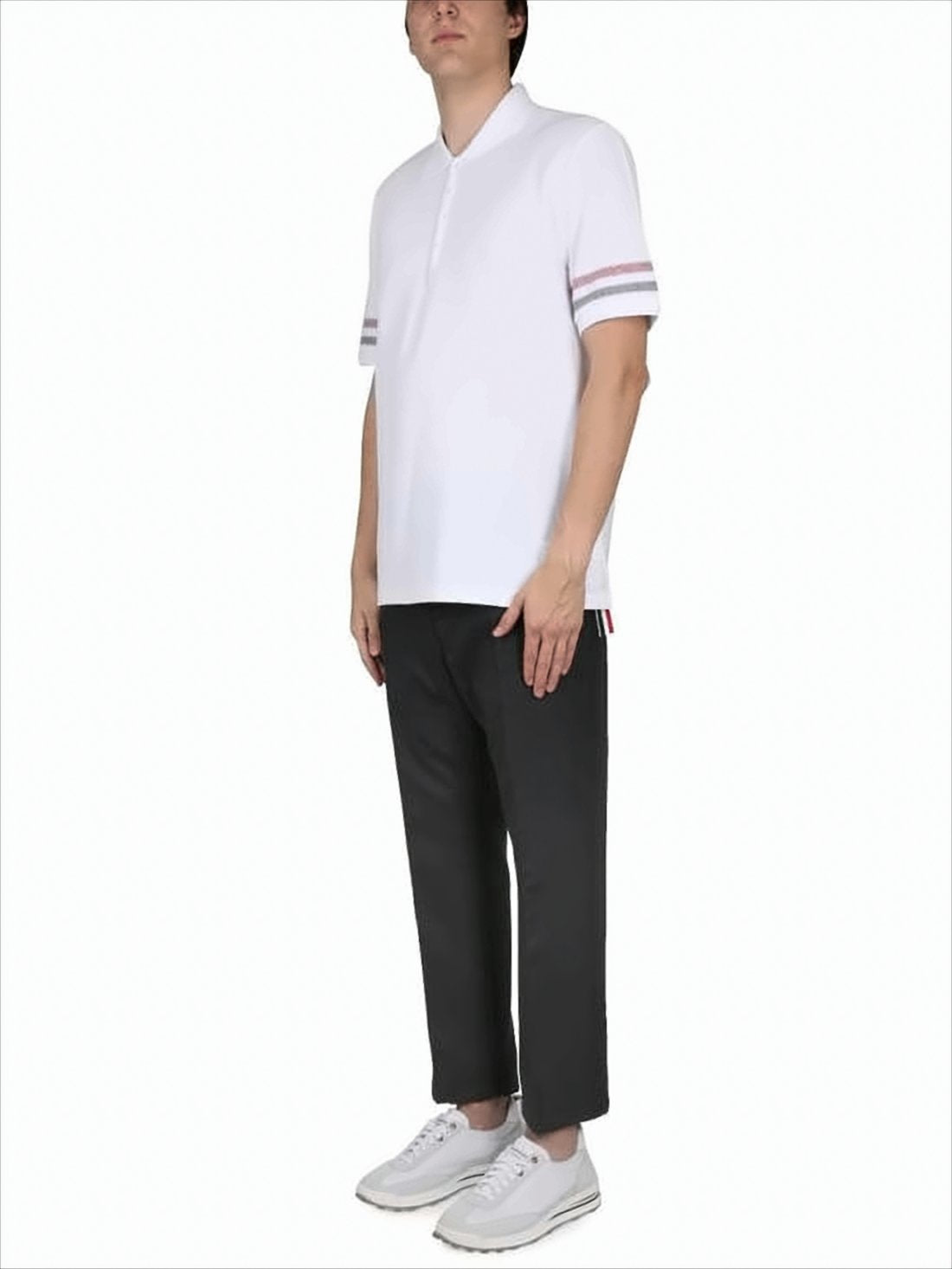 Classic White Polo Shirt with Red and Gray Stripes
