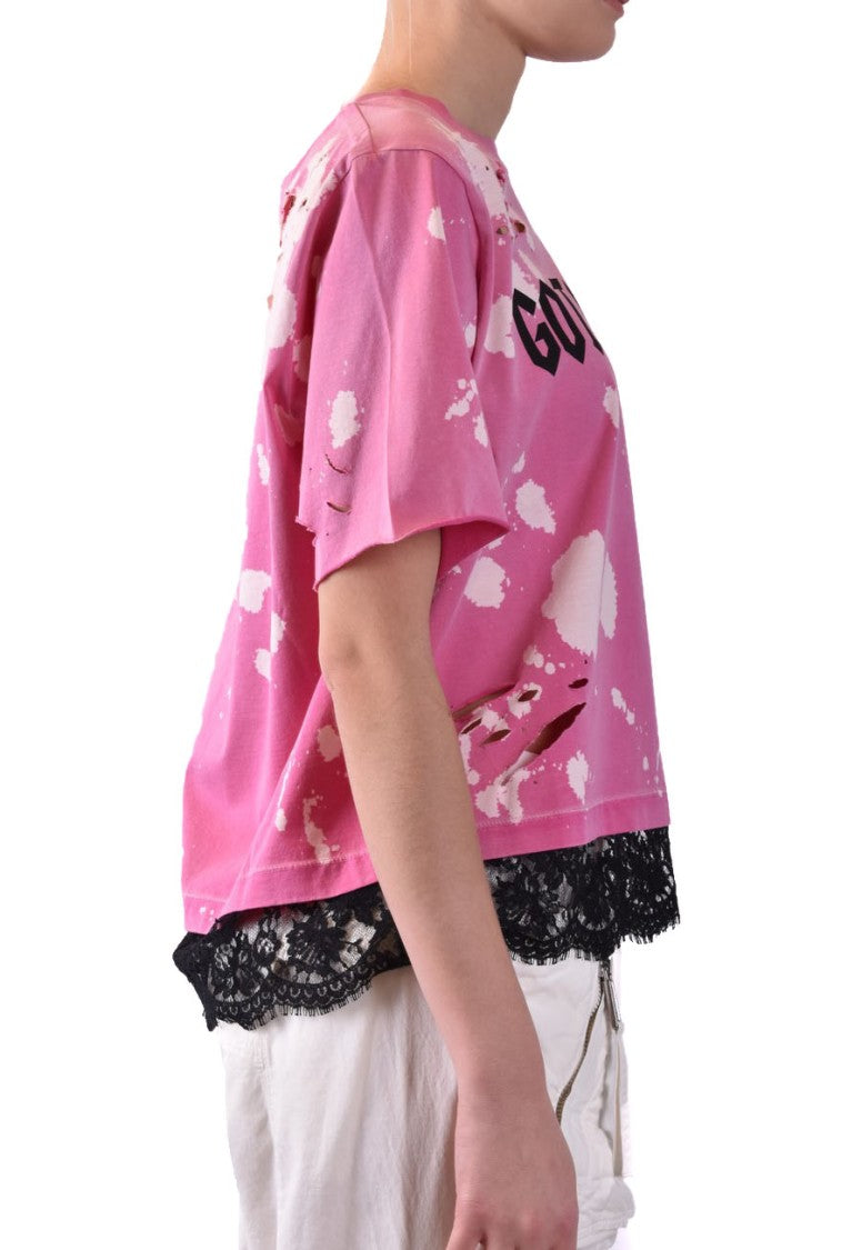 Fuchsia Worn Effect Logo Print T-Shirt With Laced Hem