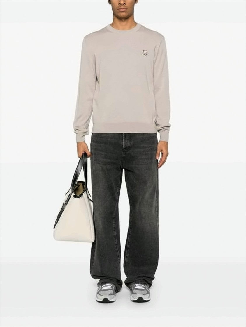 Lightweight Wool Sweater With Classic Crew Neckline And Embroidered Emblem