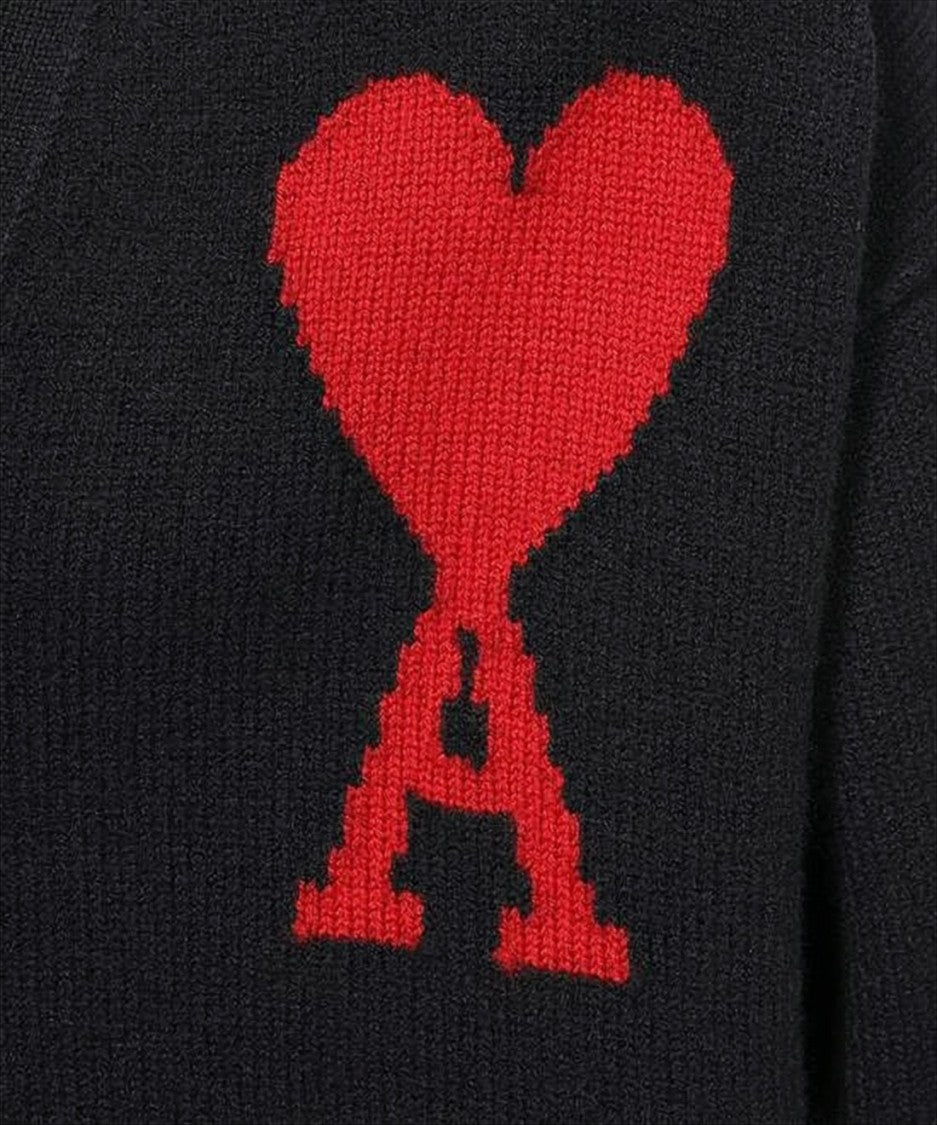 Wool Cardigan with Deep V-Neckline and Heart Motif