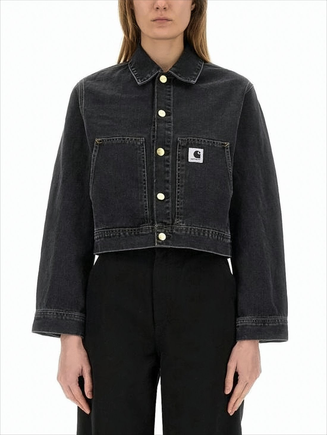 Cropped Boxy Denim Jacket with Classic Collar