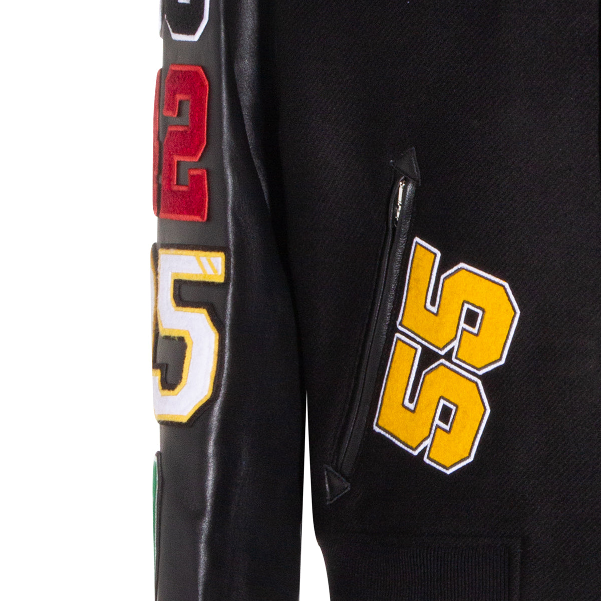 Varsity-Inspired Black Wool Jacket With Leather Sleeves