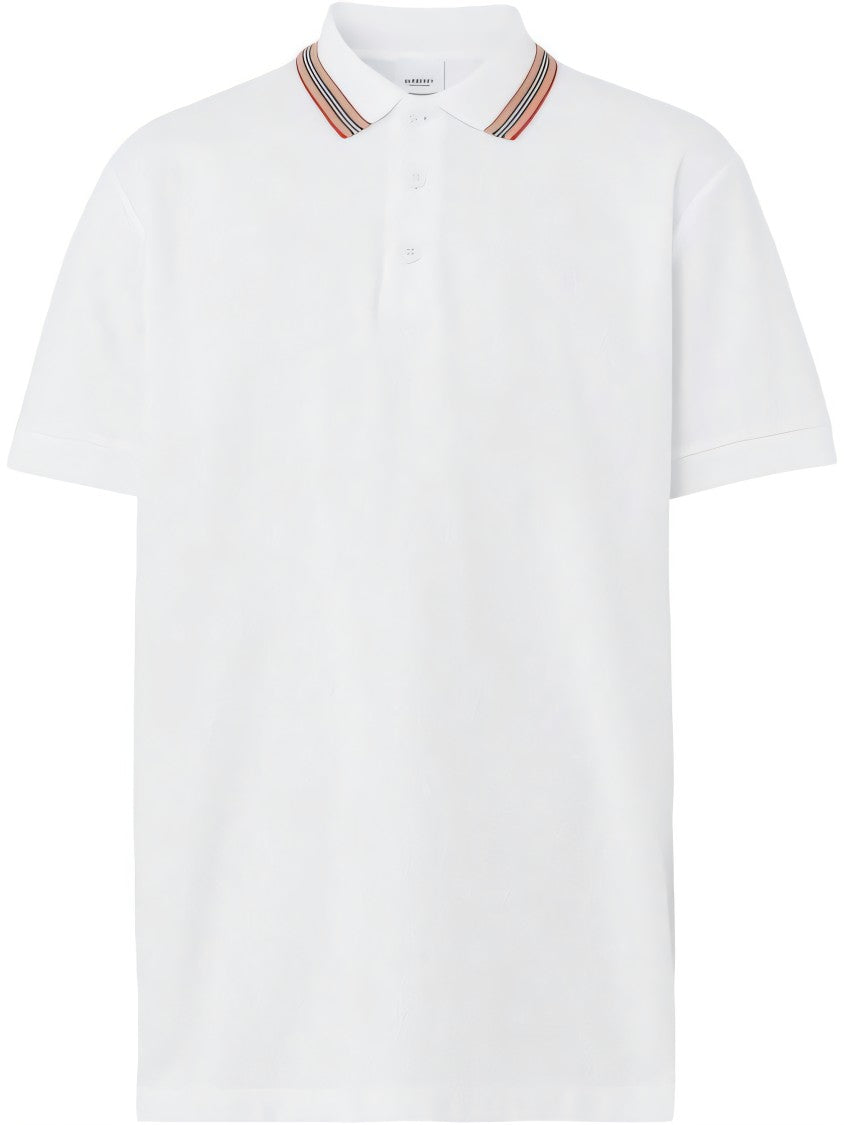 Classic White Polo Shirt with Multicolored Stripe Collar