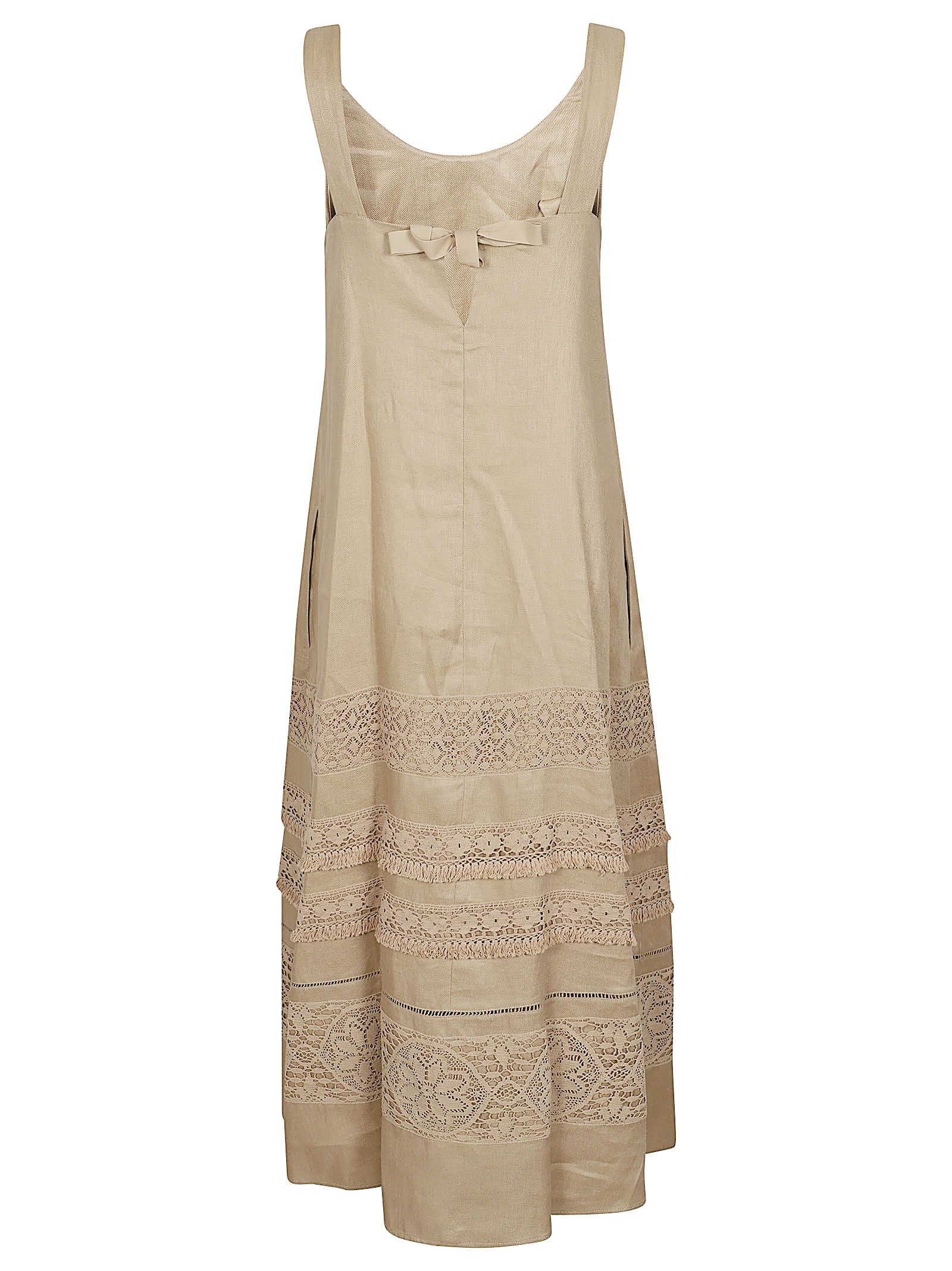 Sleeveless A-line Dress with Lace Detailing and Bow Accent