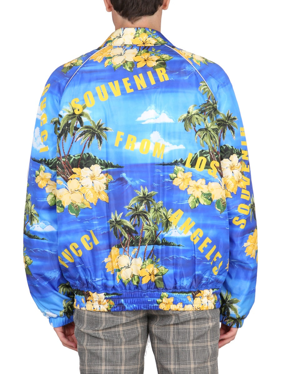 Nylon Jacket With Tropical Print And Yellow Accents