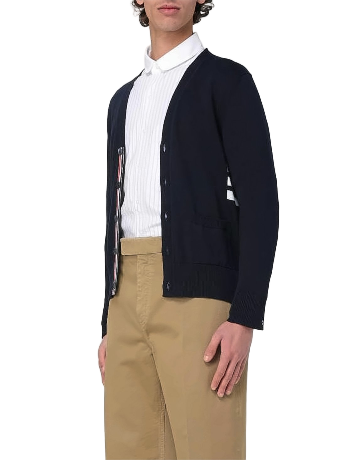 Fitted V-Neck Cardigan with Striped Accents
