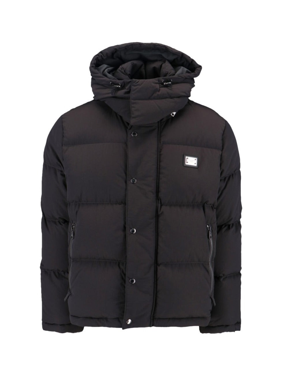 Quilted Black Puffer Jacket With High Collar And Adjustable Hood