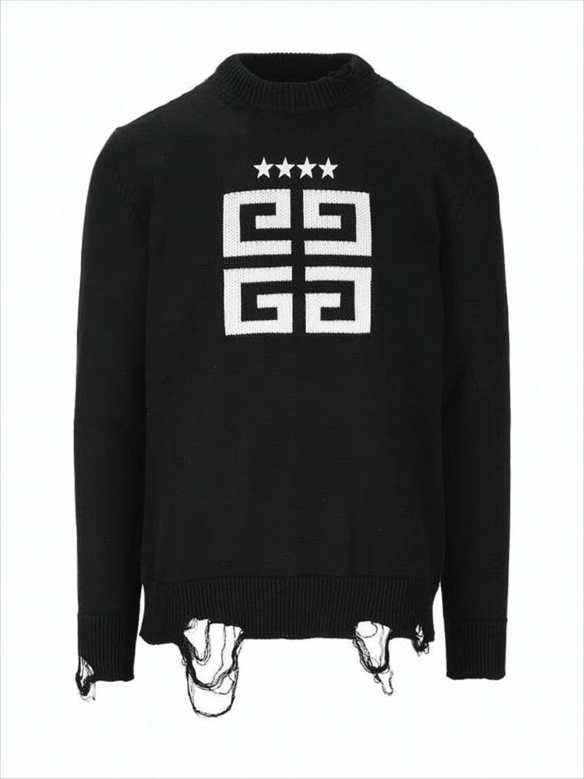 Black Long-Sleeve Knitwear Sweater with Geometric Logo and Distressed Hem
