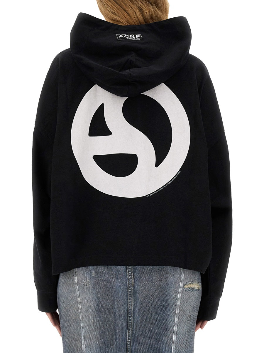 Cropped Boxy Hoodie With Drawstring And Graphic Accent