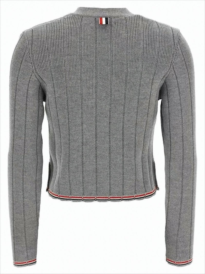 Ribbed Knit Cardigan with Cropped Silhouette and Striped Trim