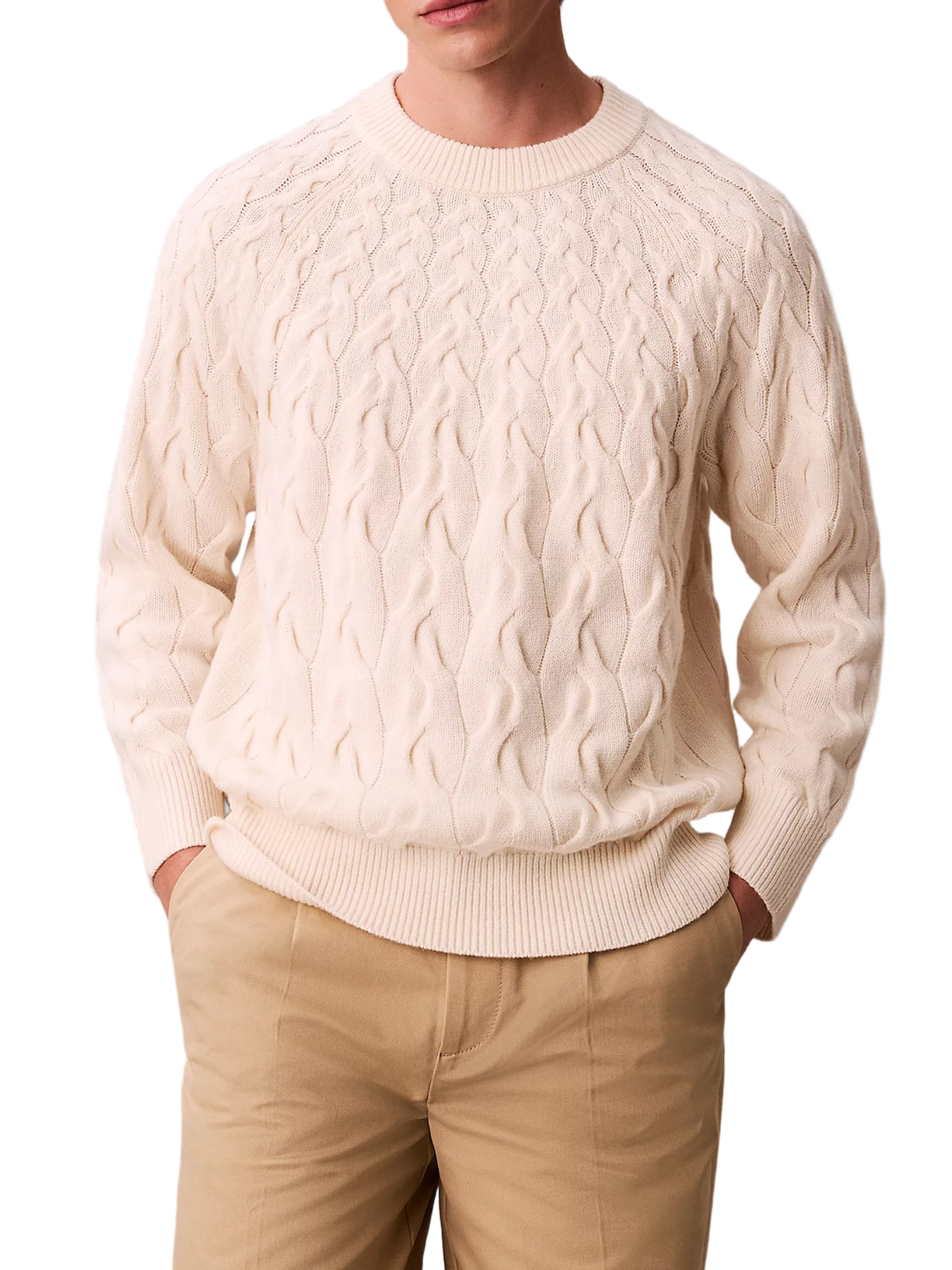 White Lambswool Blend Cable Knit Sweater
