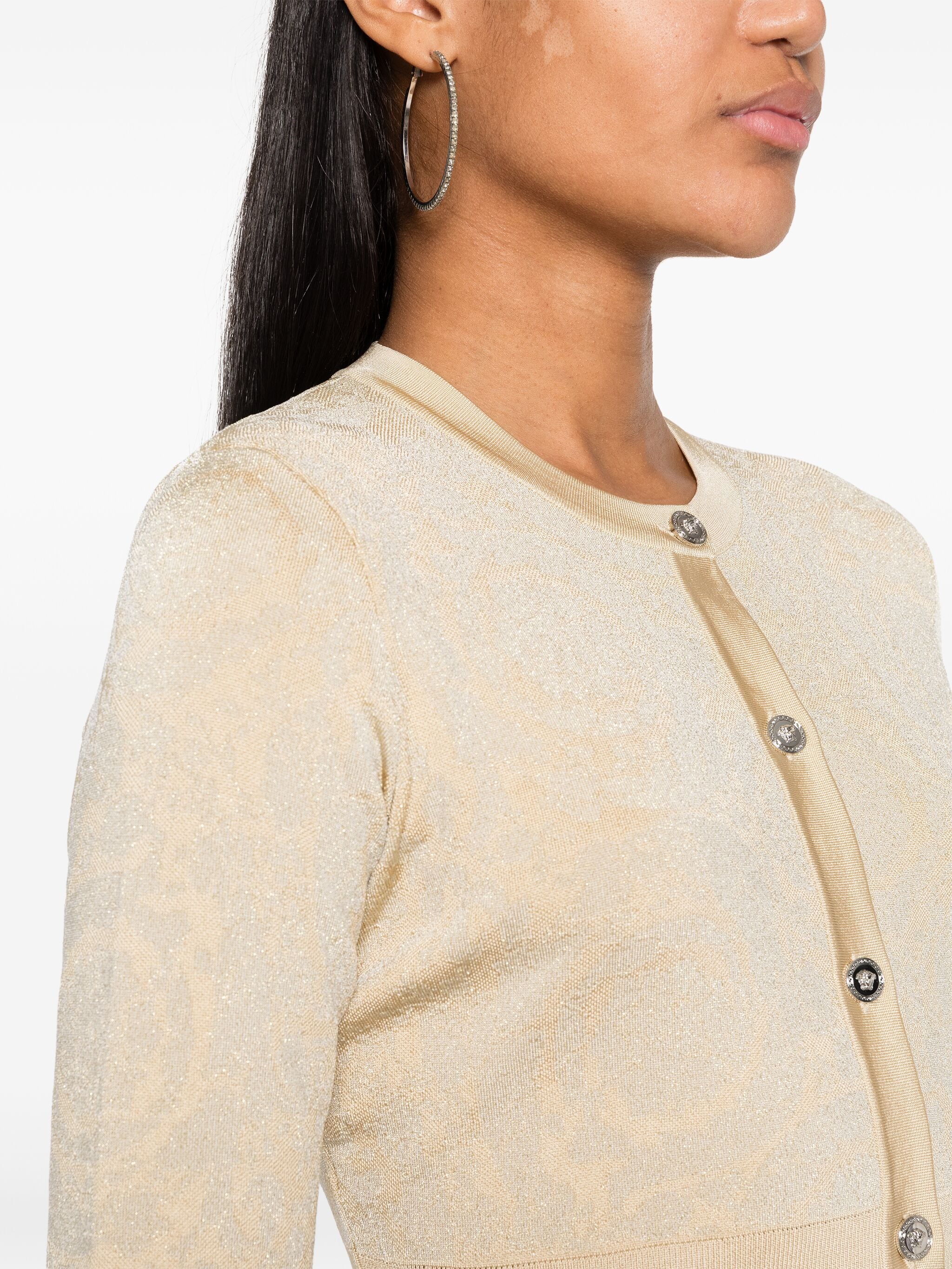 Beige Cropped Baroque Lurex Knit Cardigan