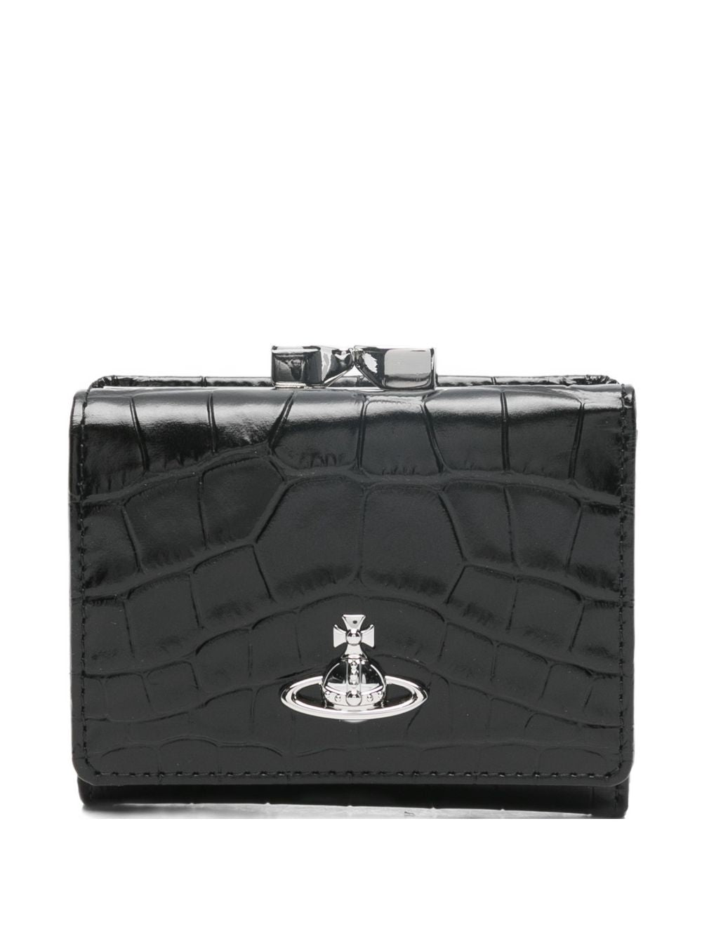 Crocodile-Embossed Black Wallet With Silver Emblem
