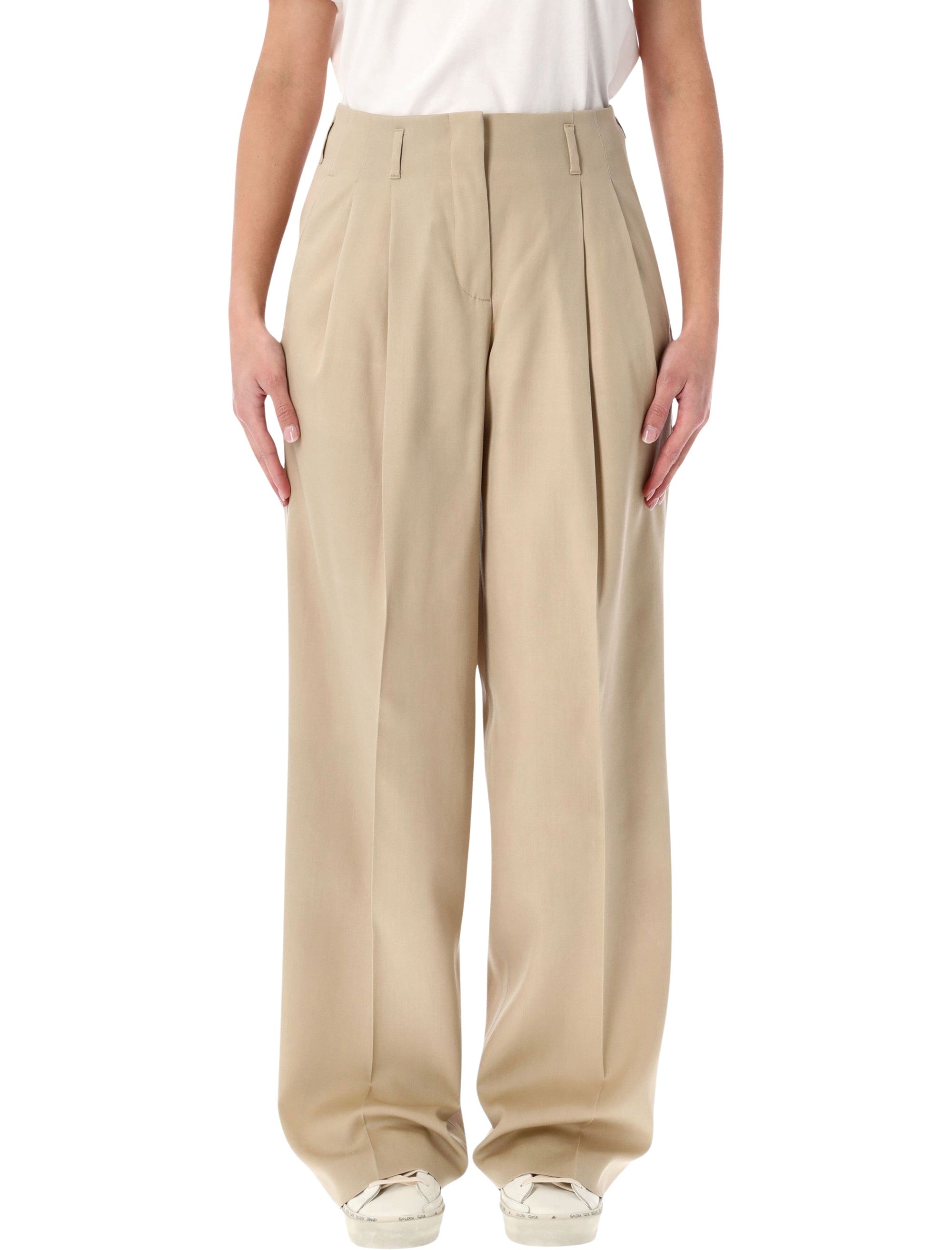 Sand Wool Gabardine High-Waist Pants