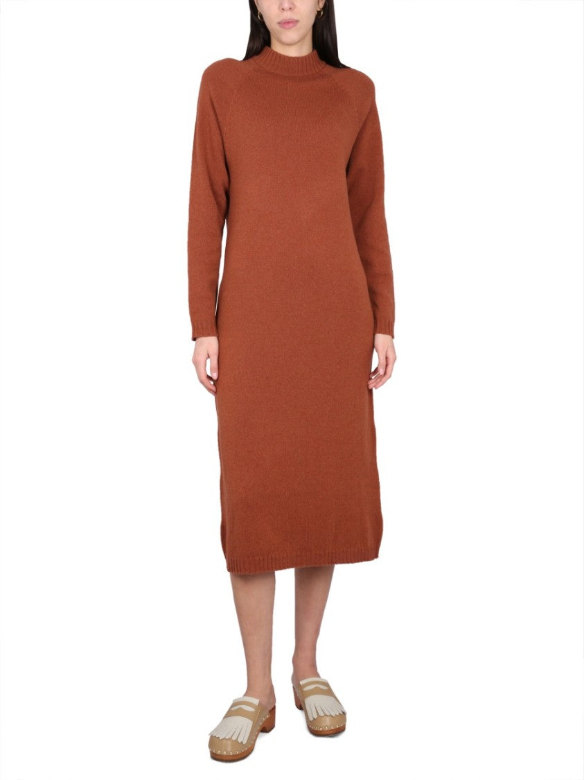 Brown Knit Dress With High Neck