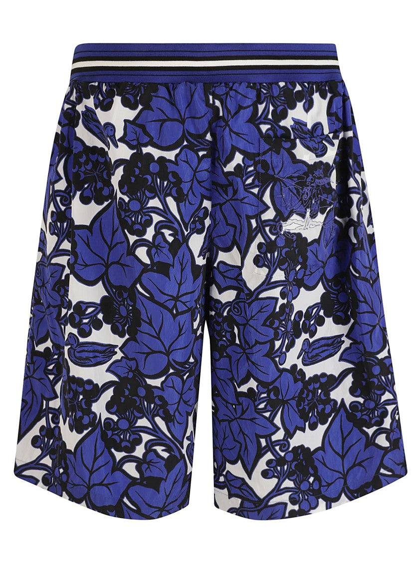 Floral Patterned Blue Shorts With Striped Waistband