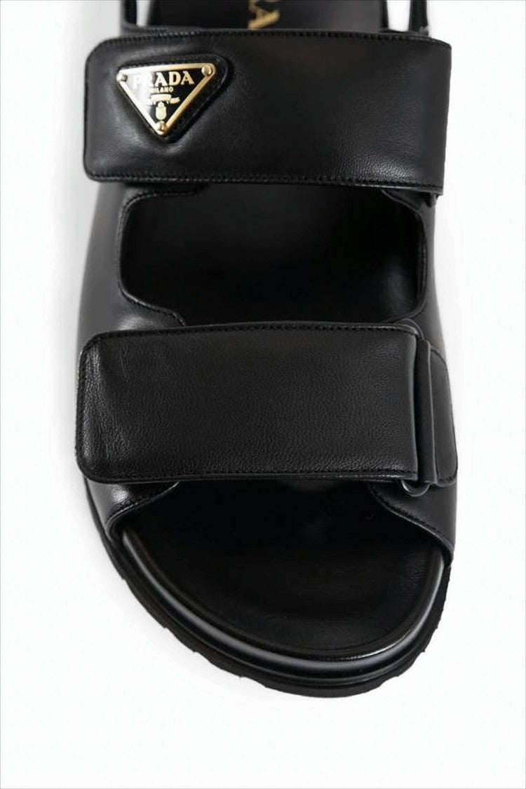 Black Leather Sandals With Adjustable Straps And Metal Logo