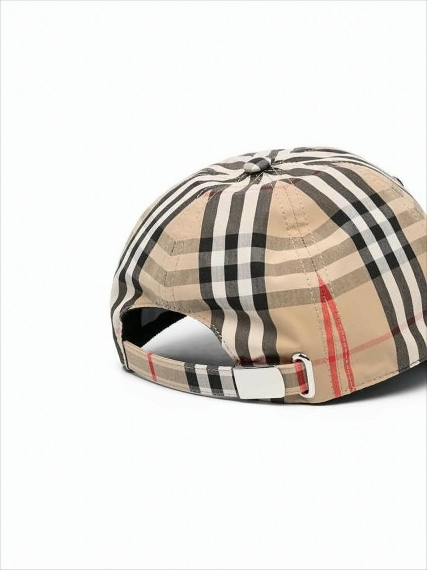 Beige Check Patterned Baseball Cap