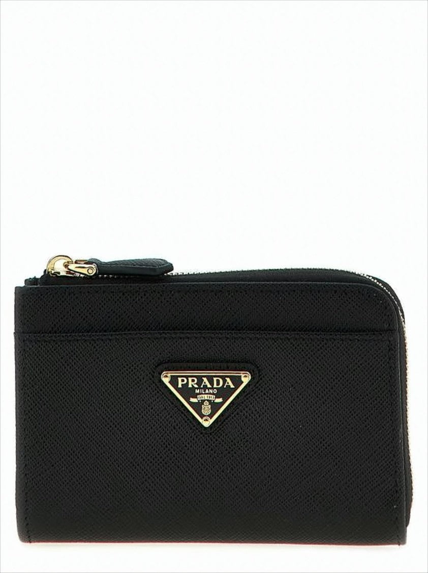 Textured Calf Leather Card Wallet With Zip Closure And Gold-Tone Hardware