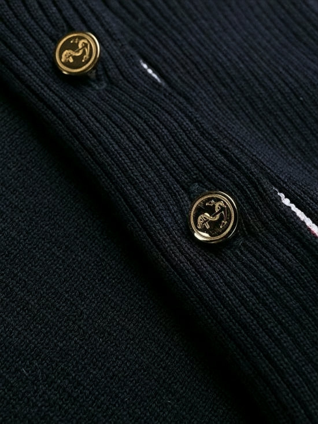Black Cotton Sweater with Striped Detailing and Button Accents