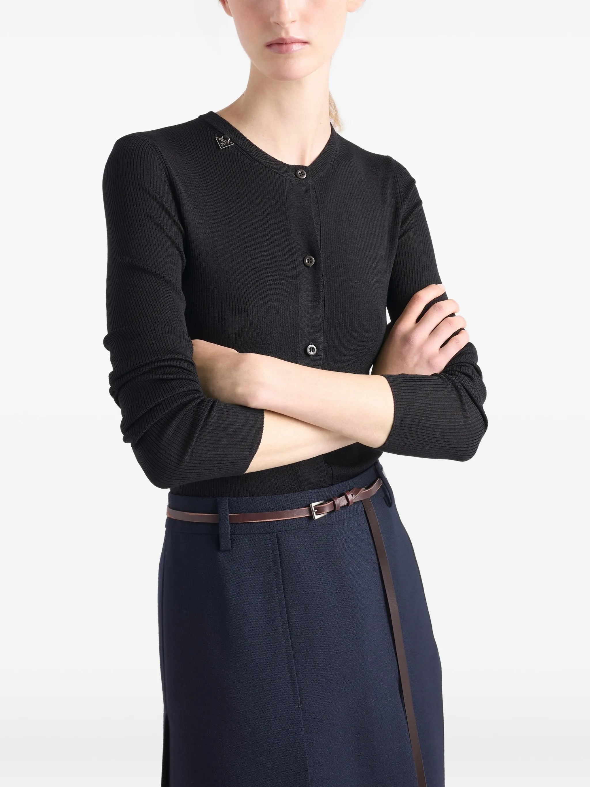 Black Superfine Wool Ribbed Cardigan