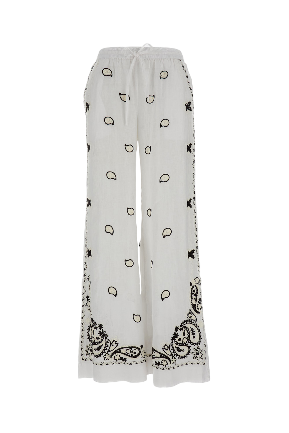 Wide Leg Linen Trousers with Delicate Embroidery